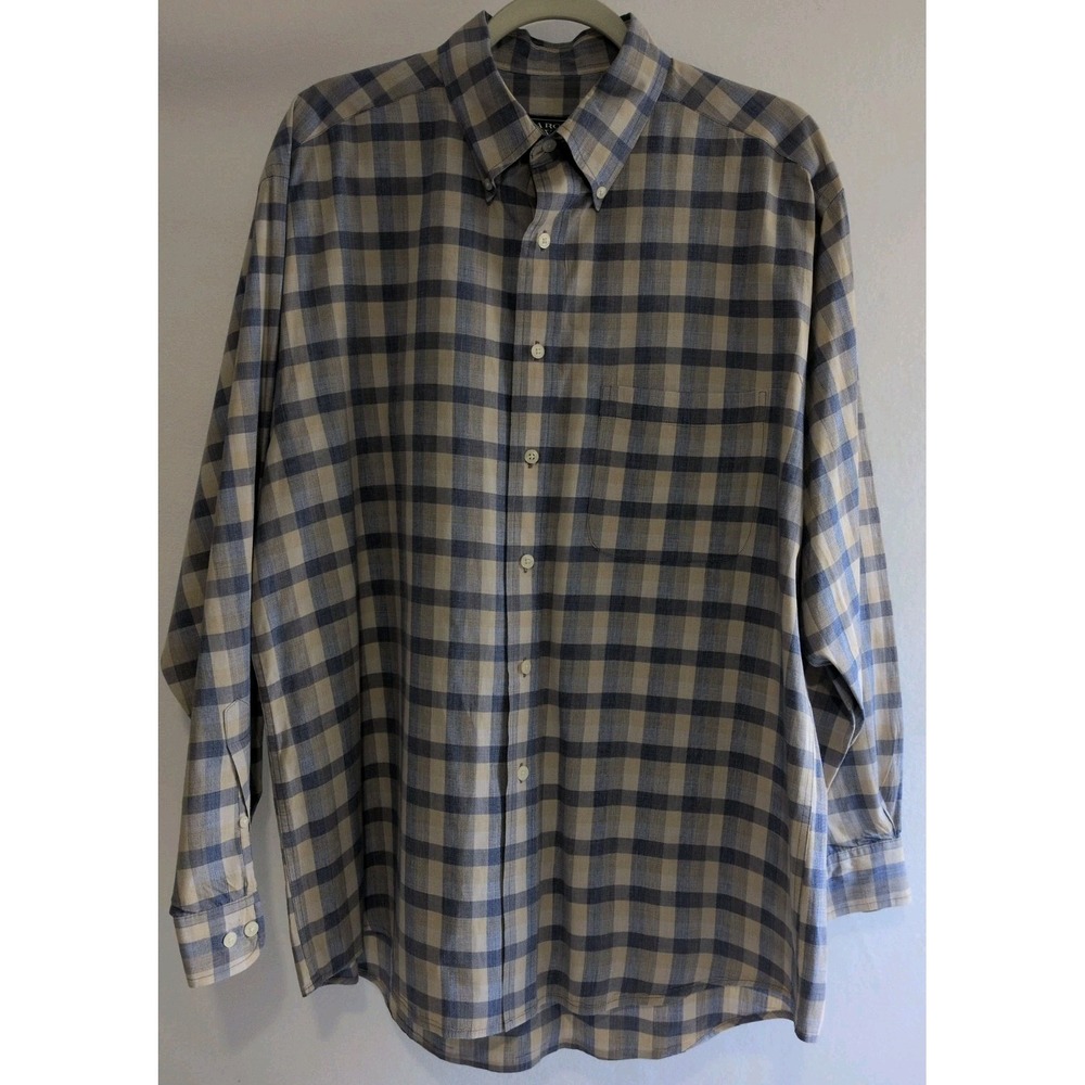 Harold Powell Men's Blue Tan Plaid Button Front Long Sleeve Shirt 100% Cotton XL